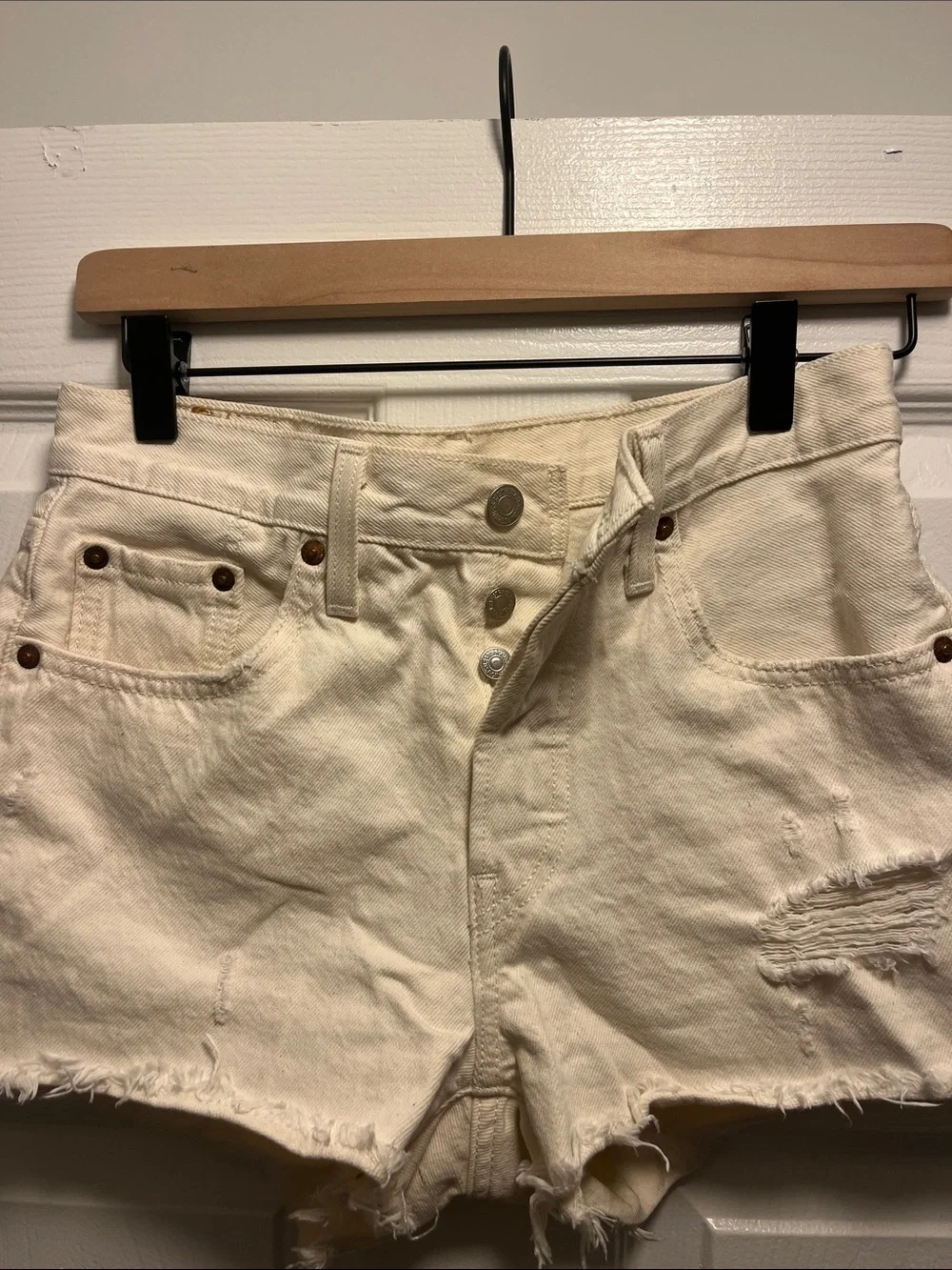 Levi's Cream Distressed Denim Cutoff Shorts